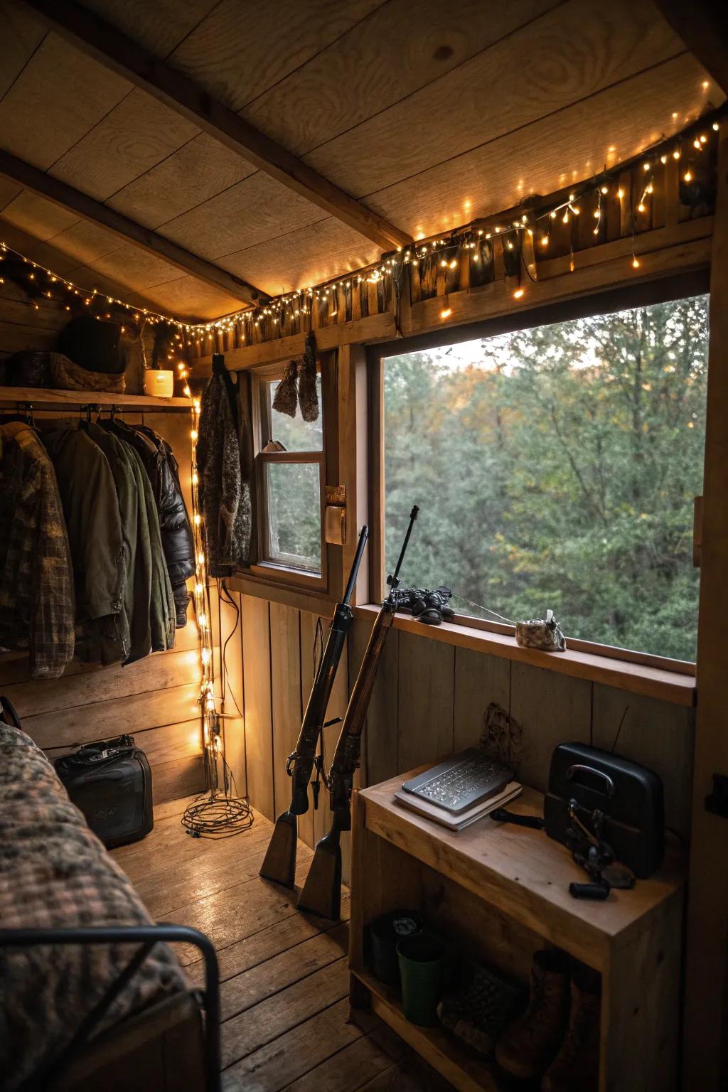 Ambient lighting enhances the cozy feel of your deer stand.