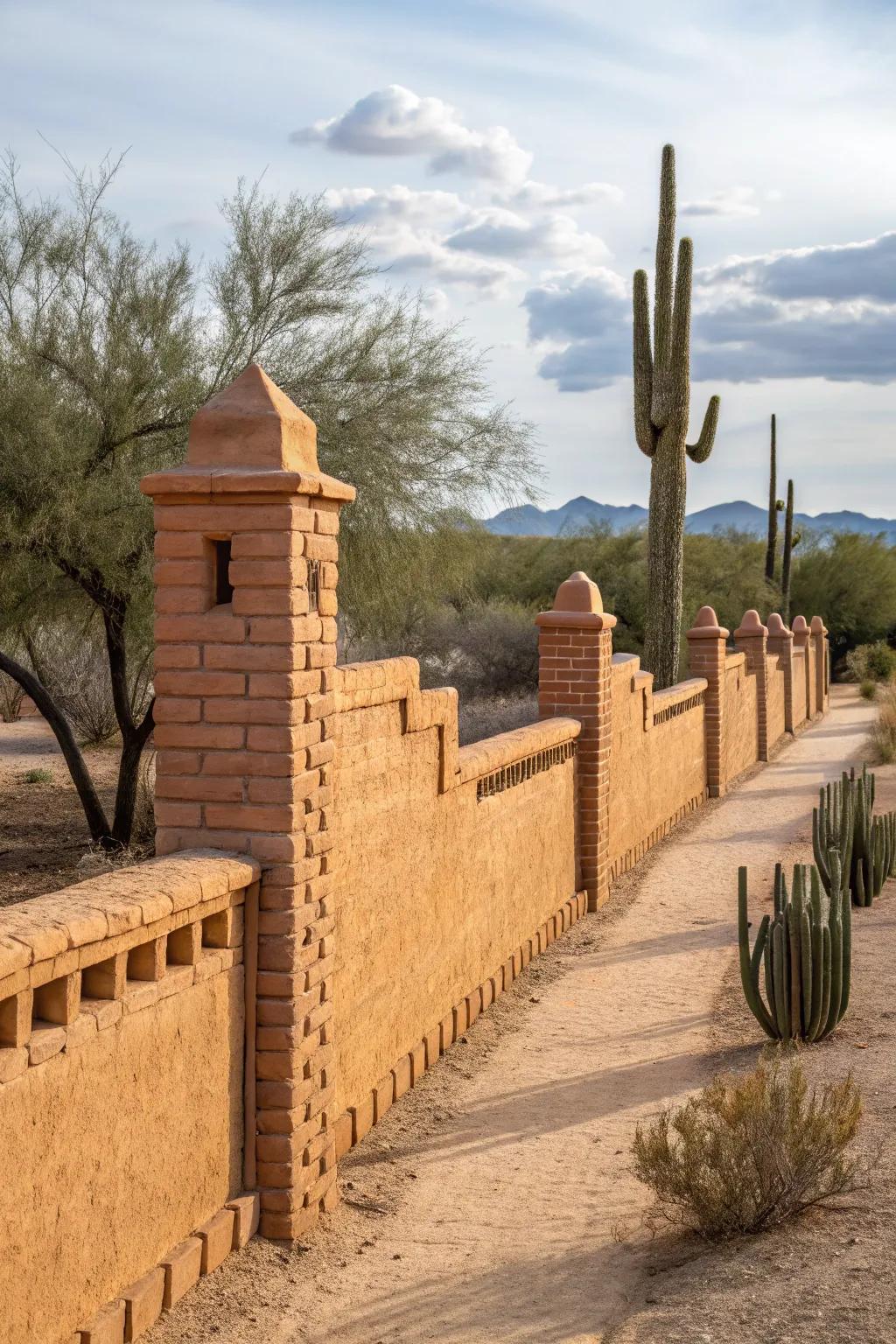 An adobe brick fence offers traditional desert charm.