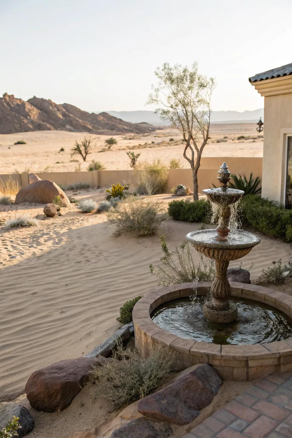 A small water feature adds tranquility to this desert front yard.