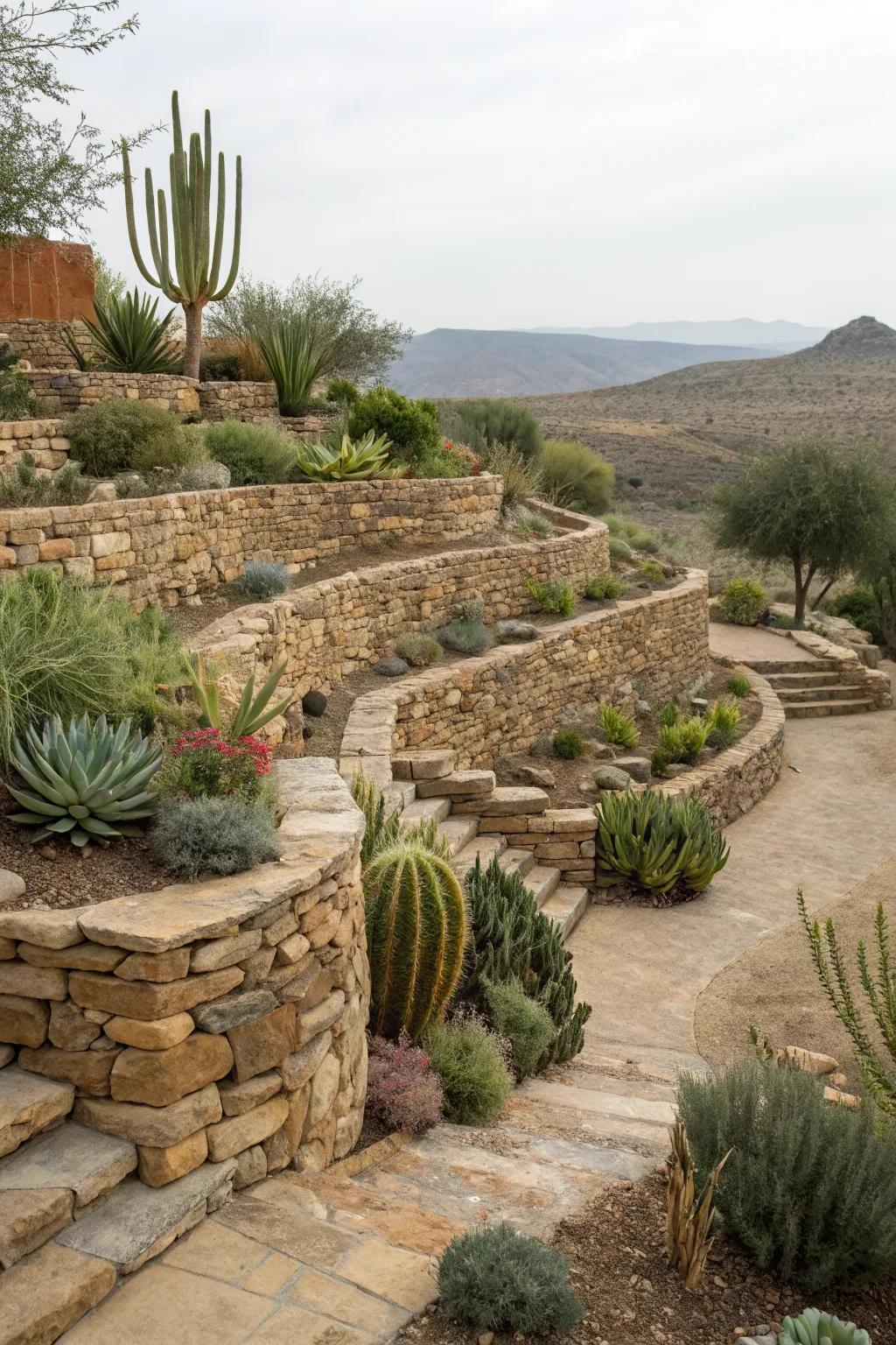 Terraced areas add dimension and beauty to the desert garden.