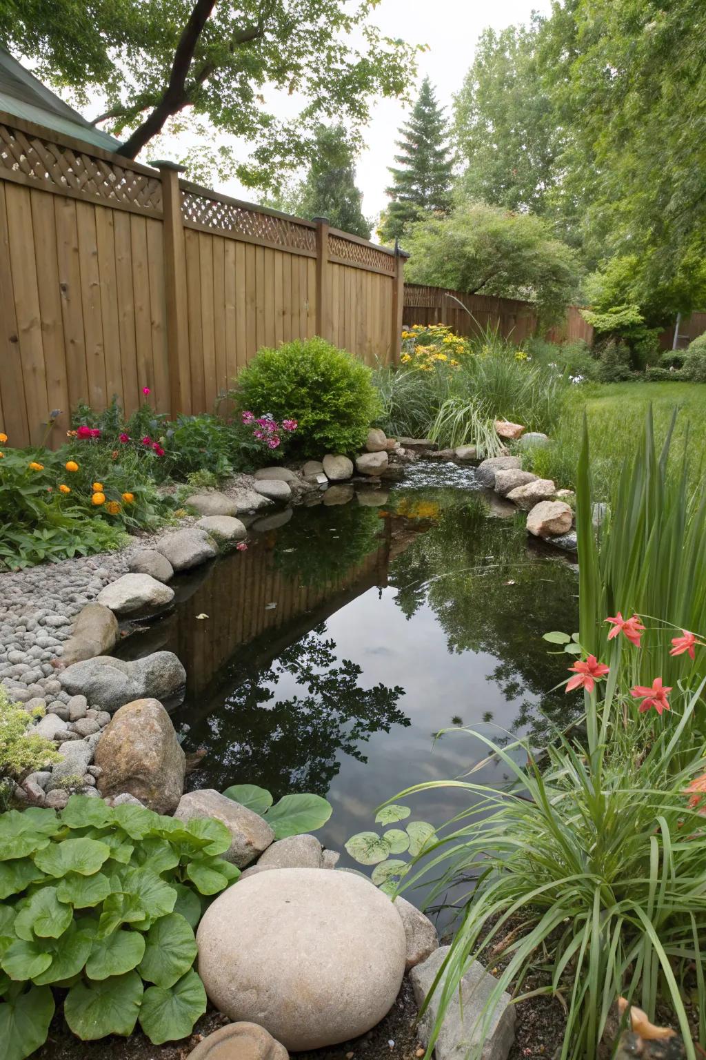 A small pond adds a tranquil touch to gardens.