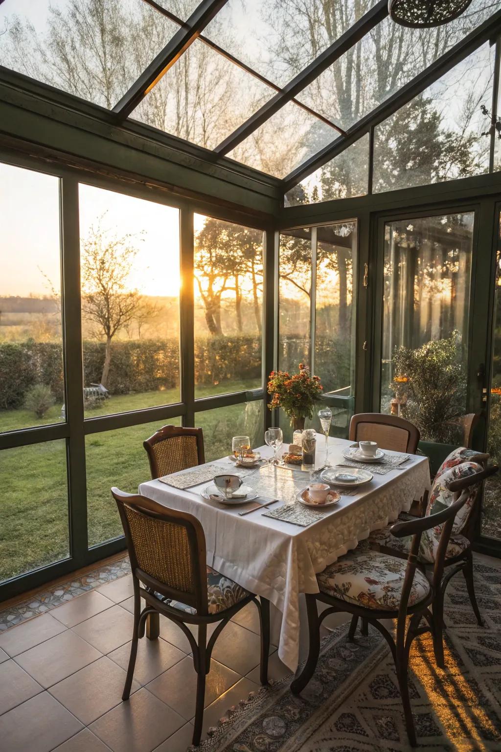 Sunroom dining area with a scenic view.