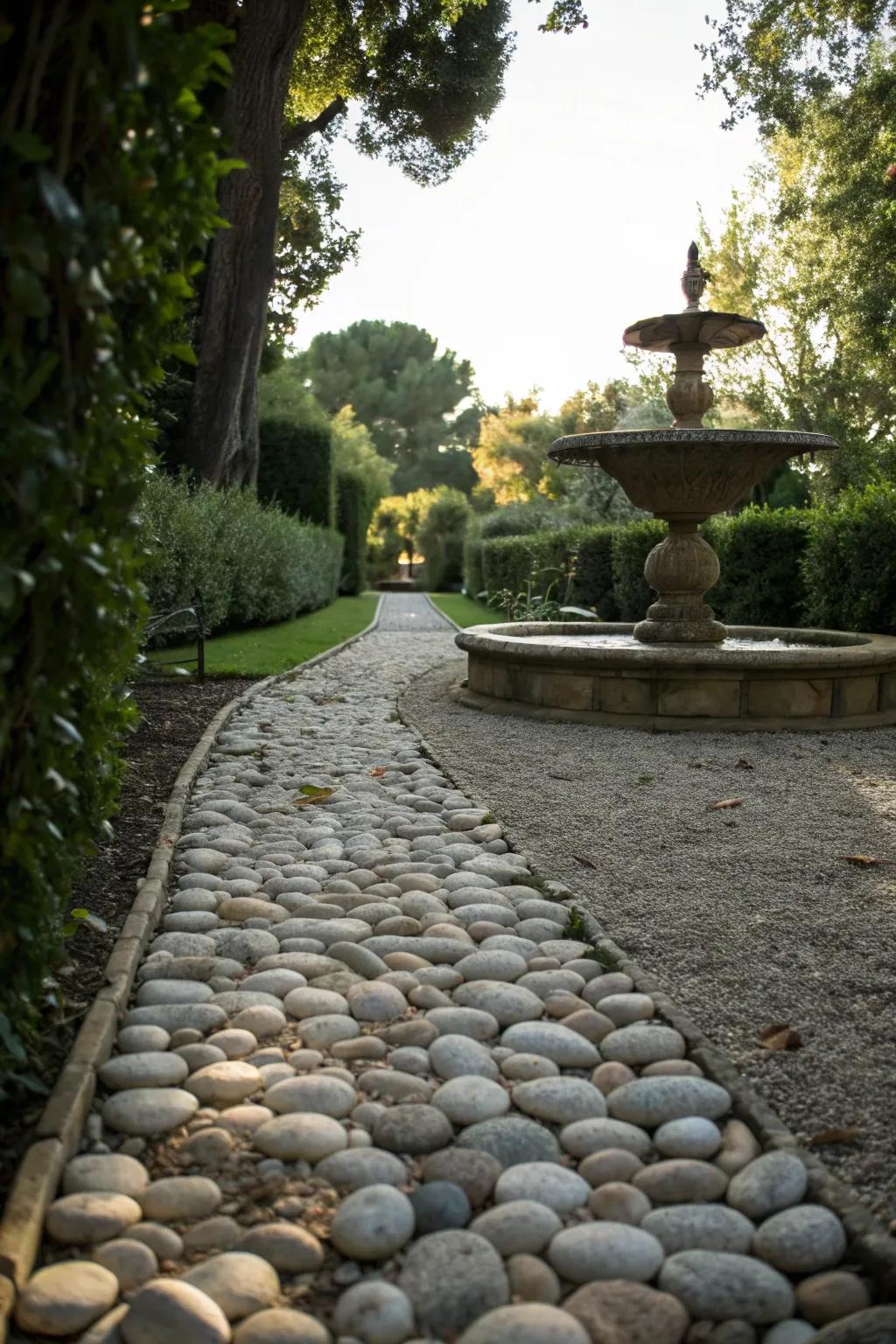 A pebble pathway elegantly leads to a disappearing fountain in the garden.