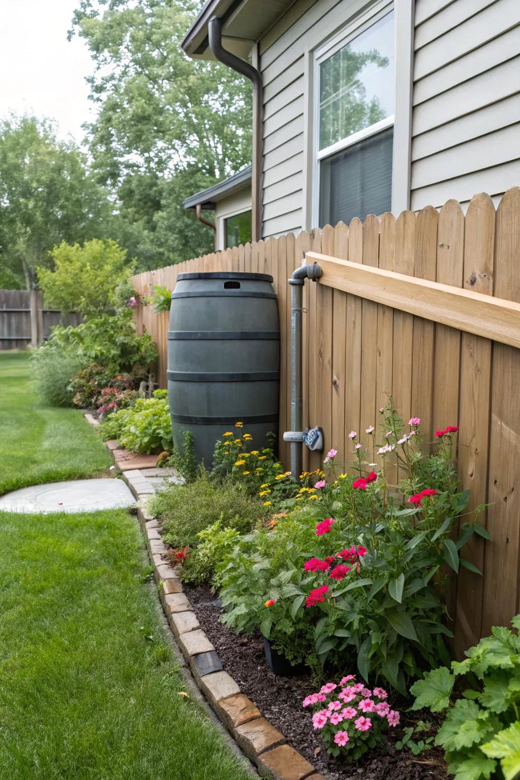 A rain barrel collects water, keeping it away from the foundation while providing water for gardening.