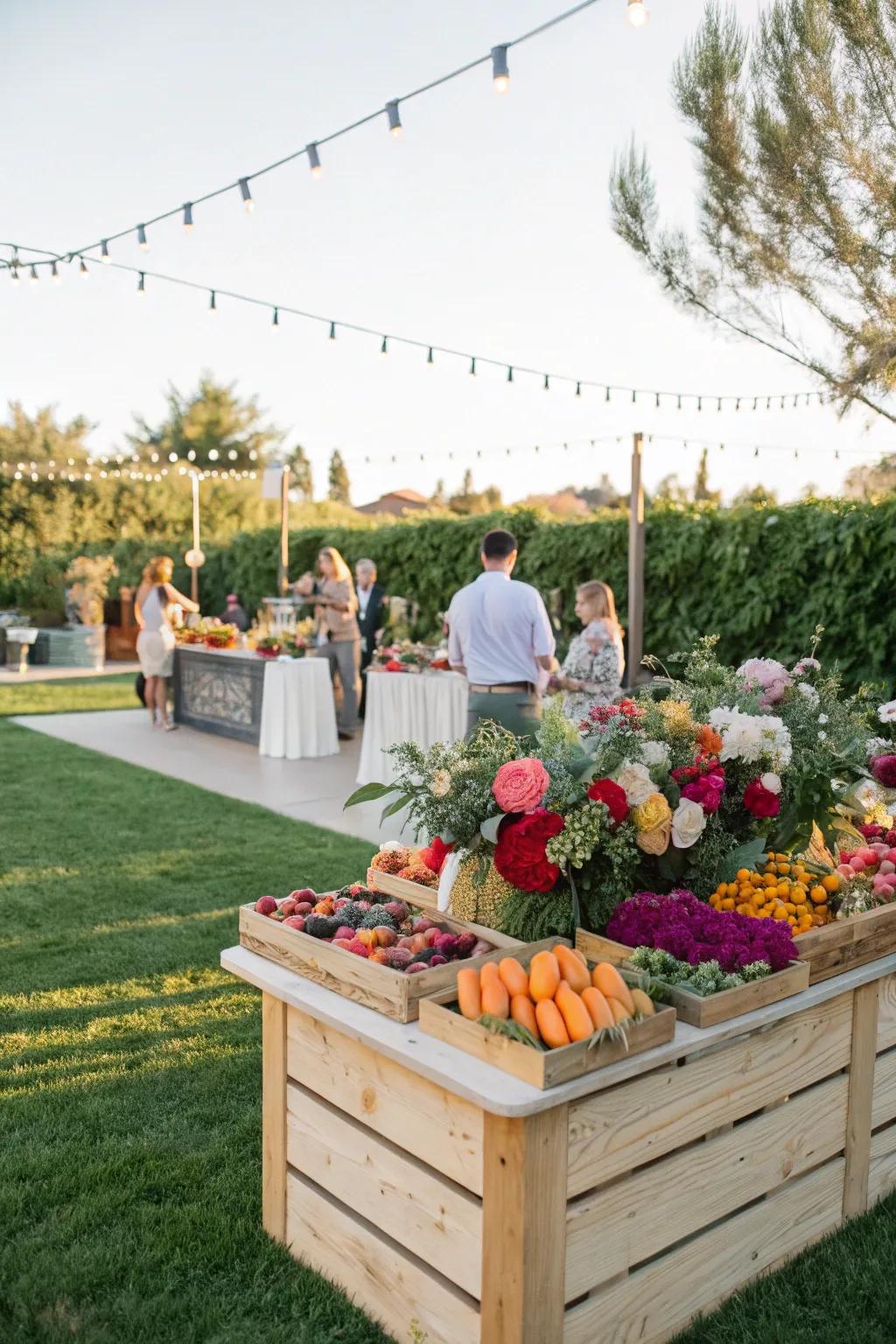 A fruit and flower bar offers both refreshment and decoration.