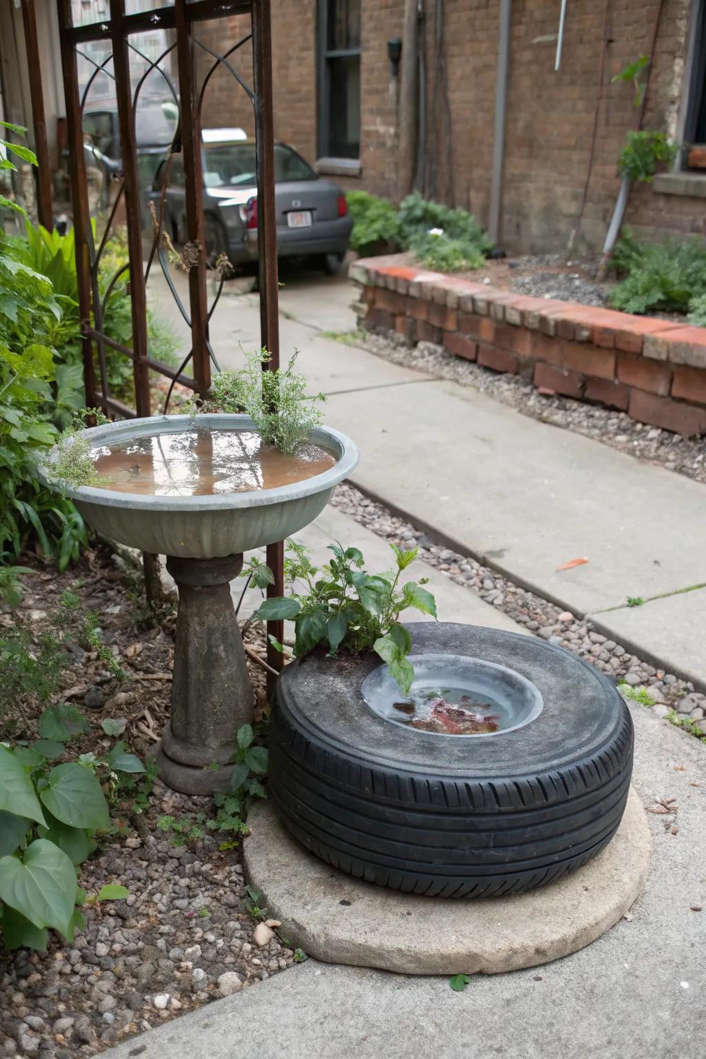 A tire rim birdbath combines durability with eco-friendly design.