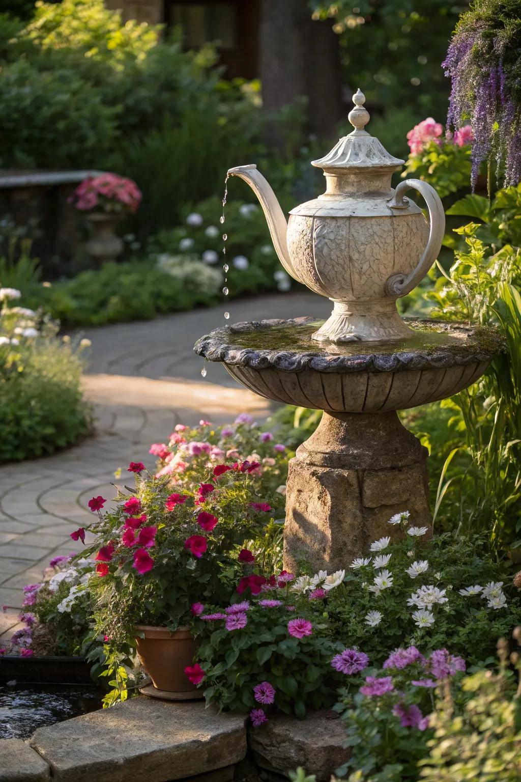 Add character with a vintage tea kettle fountain.
