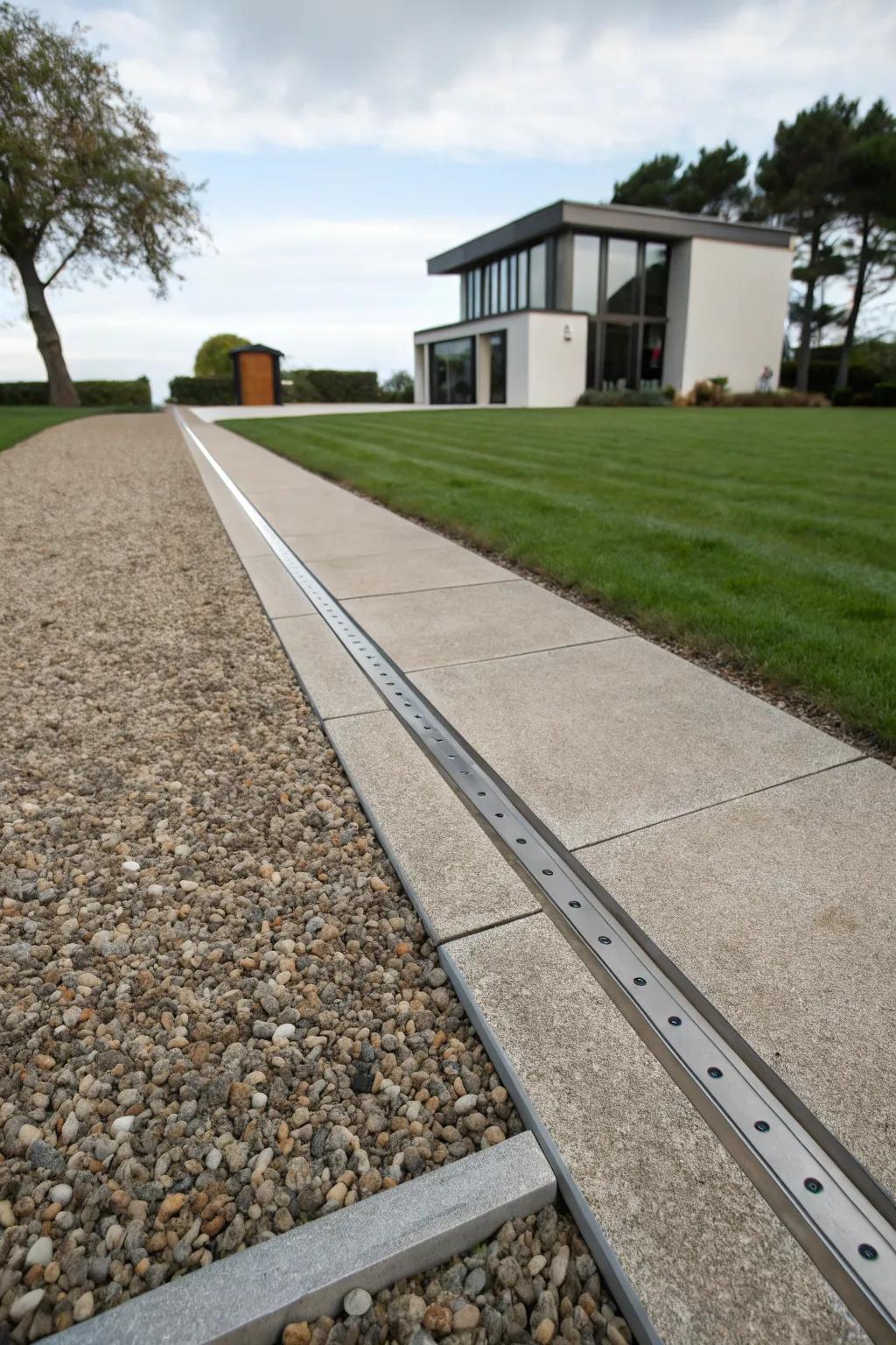 Metal strip edging adds a modern touch to gravel driveways.