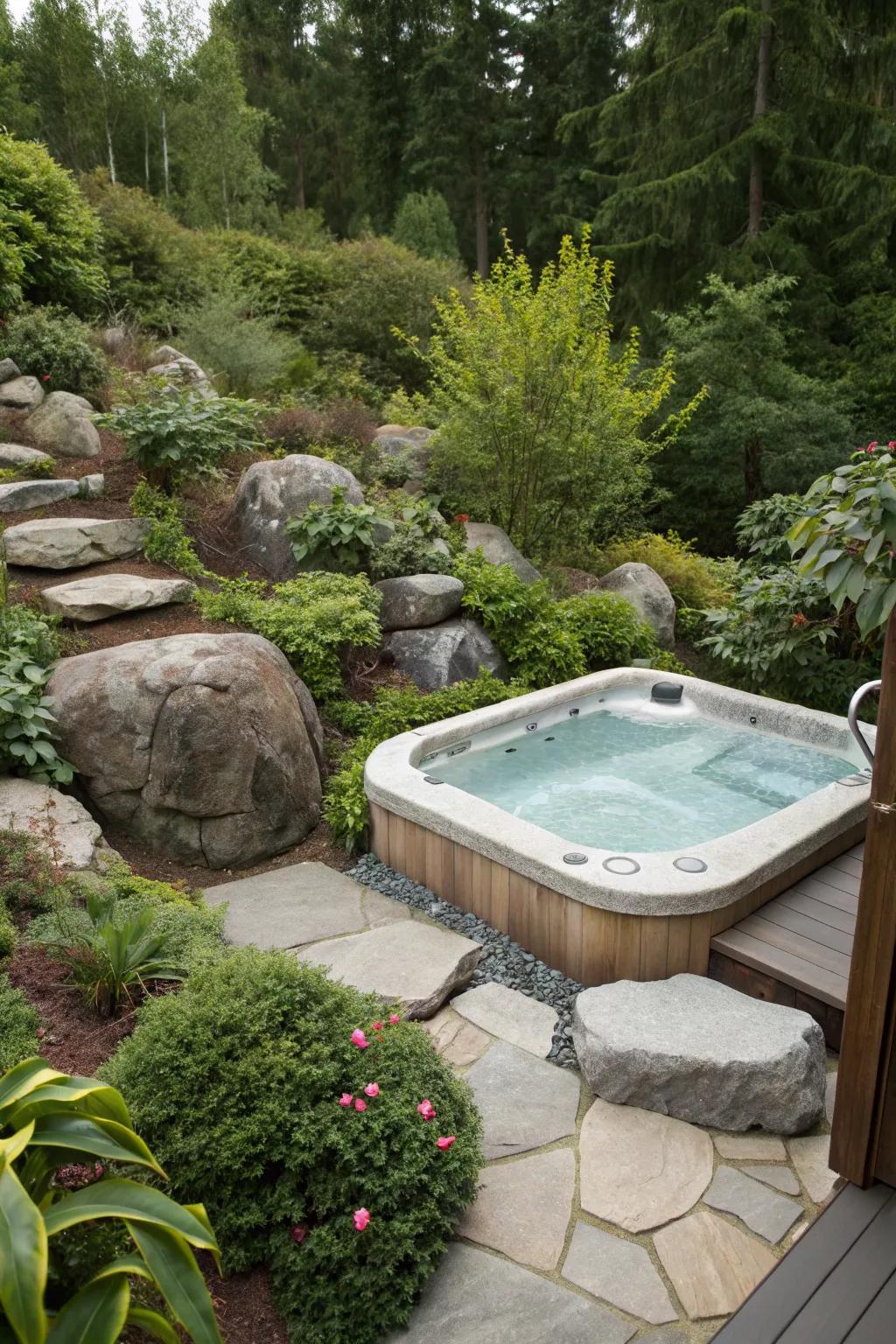Rock gardens add a natural elegance to your hot tub area.