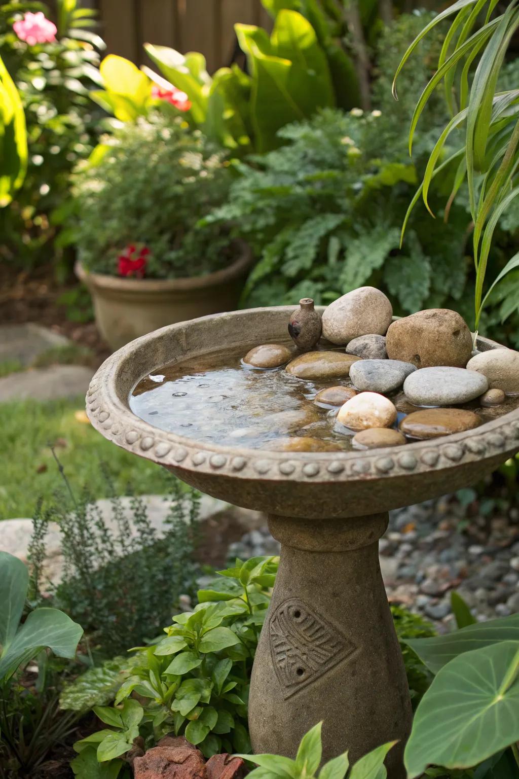 A decorative stone bird bath complements the natural landscape.