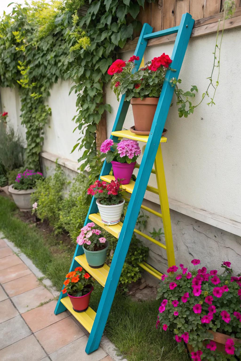 Add a splash of color with a painted step ladder plant stand.