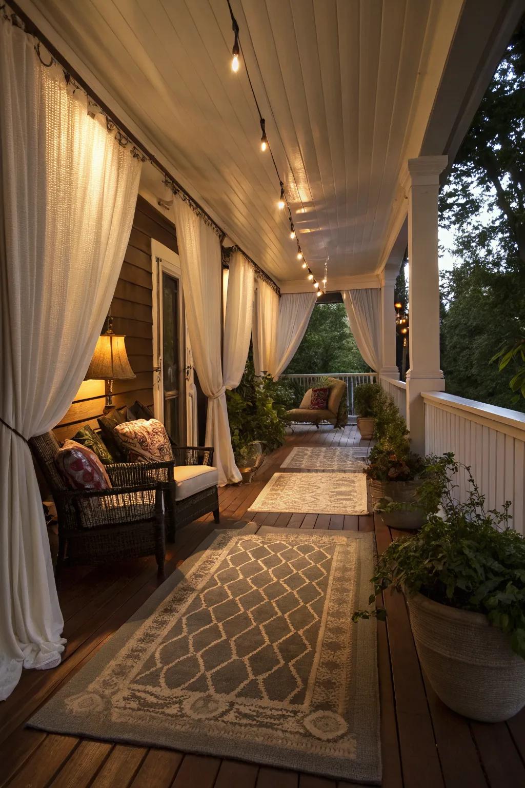 Combine rugs and drapes for a cozy, private porch retreat.