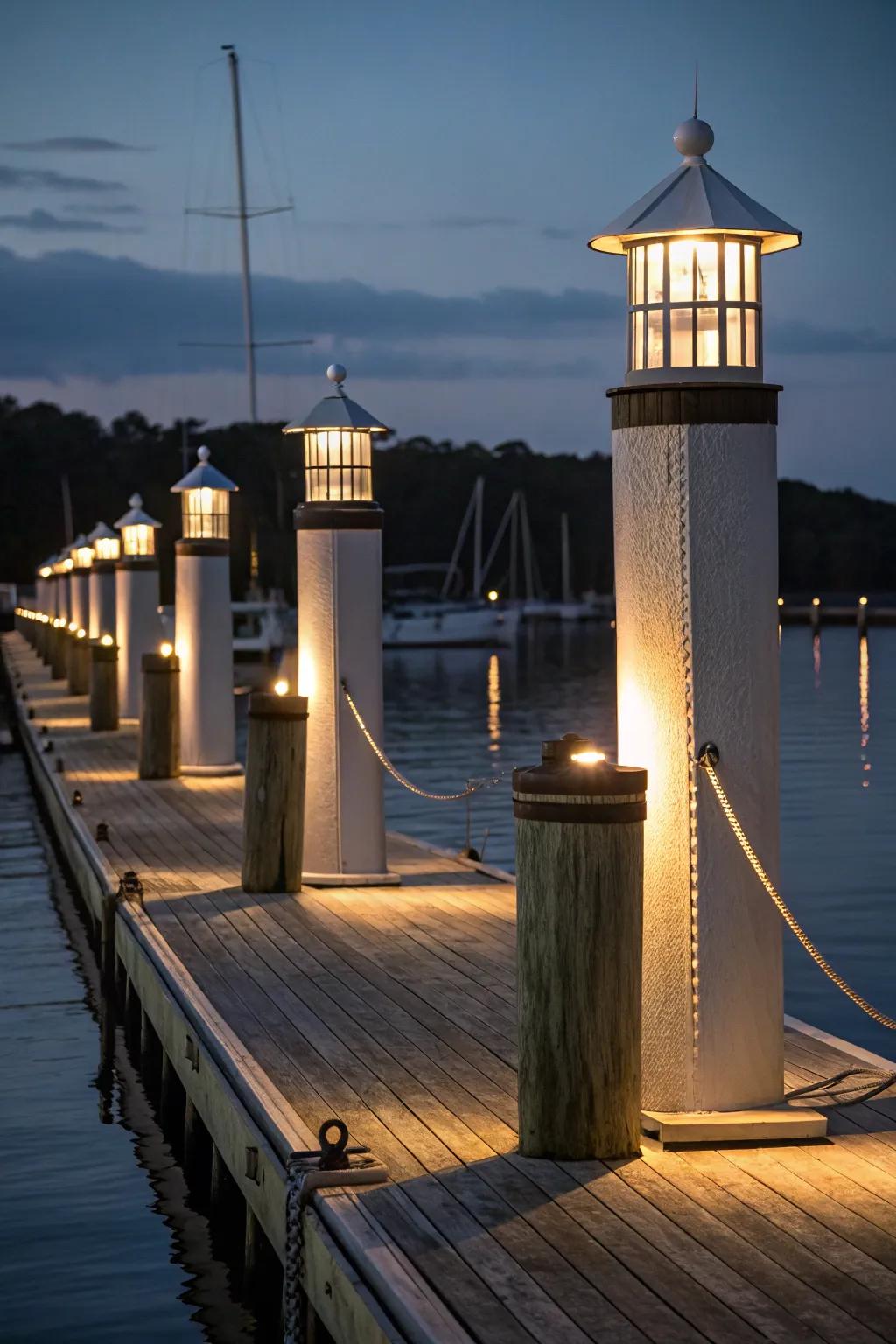 Power pedestals offering both lighting and electricity on a dock.