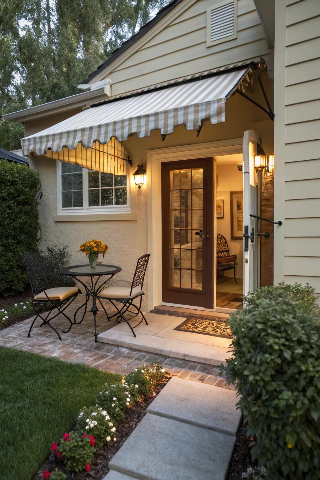 An extended awning creates a cozy, sheltered space.