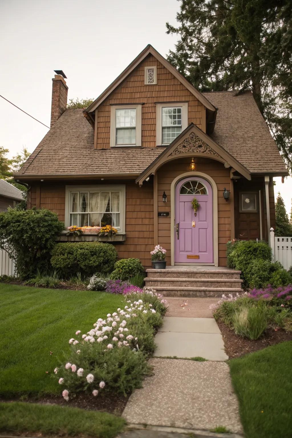 Lavender doors offer a soft, whimsical contrast to brown exteriors.