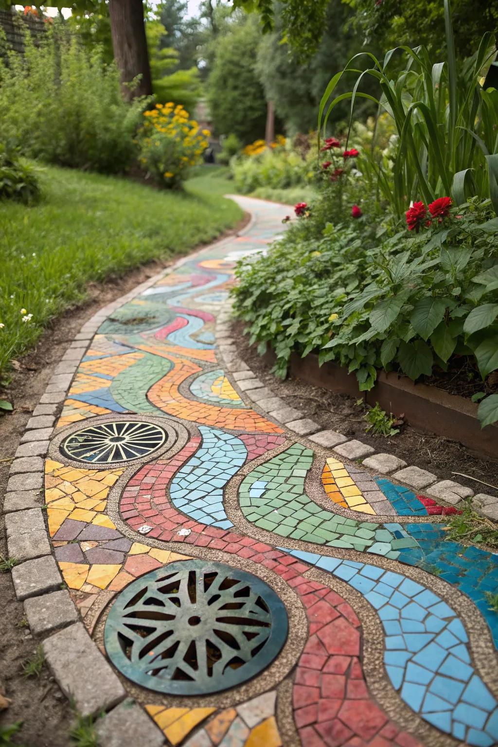 Mosaic tiles turn drain covers into stunning garden art pieces.