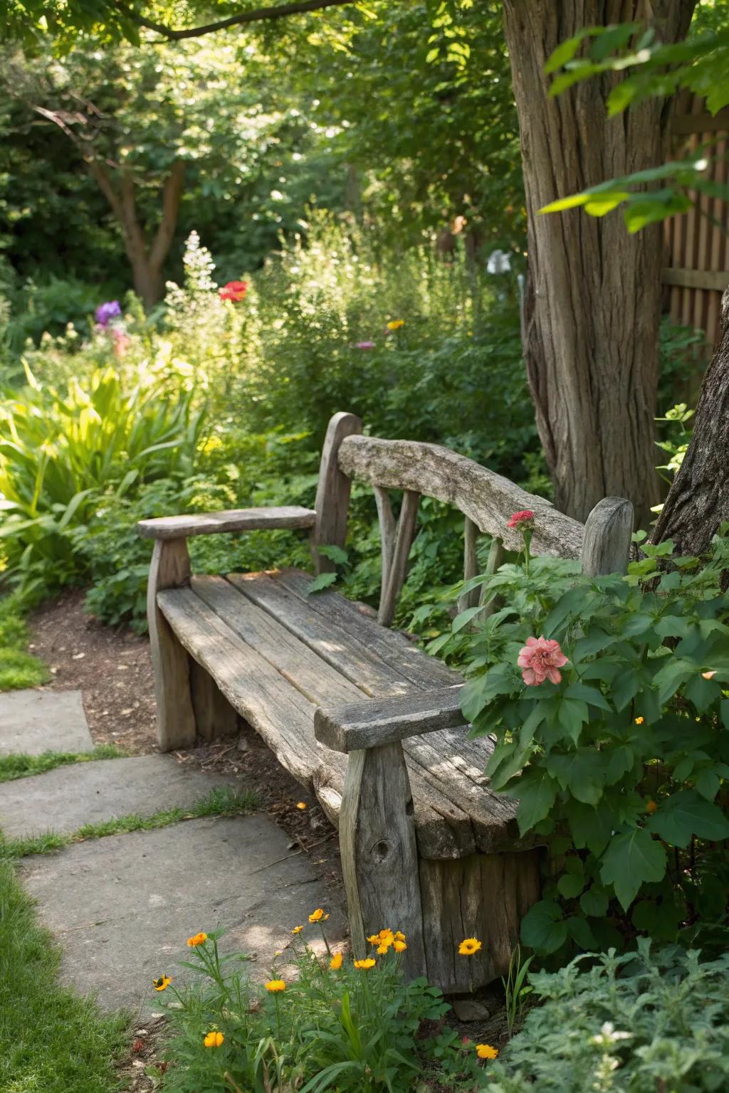 A rustic driftwood bench offering a peaceful garden retreat.