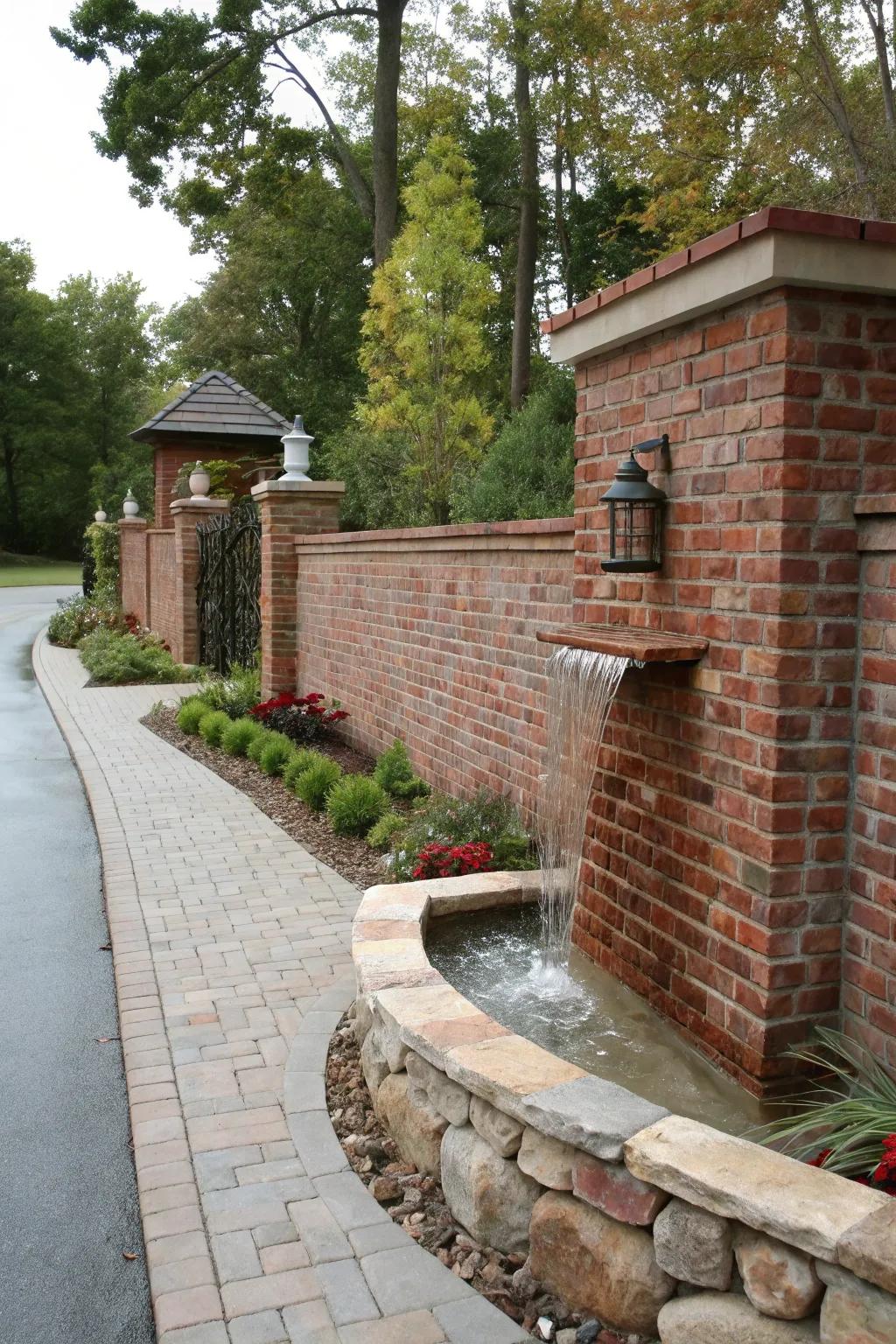 A water feature adds a tranquil element to the driveway's brick wall.