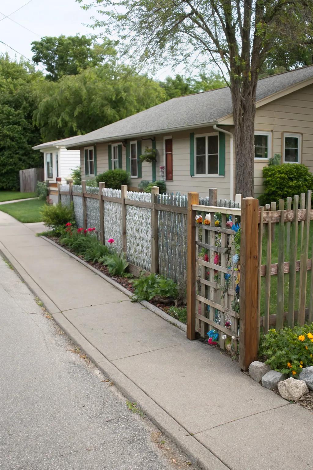 A recycled material fence adds a unique, eco-friendly touch.