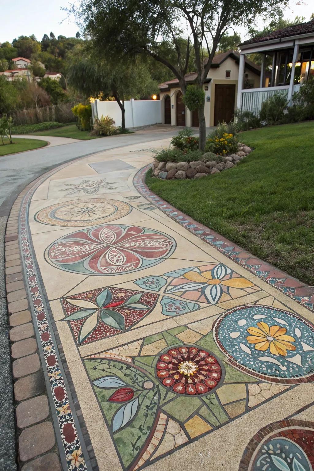 Artistic inlays transform driveway covers into unique personal statements.