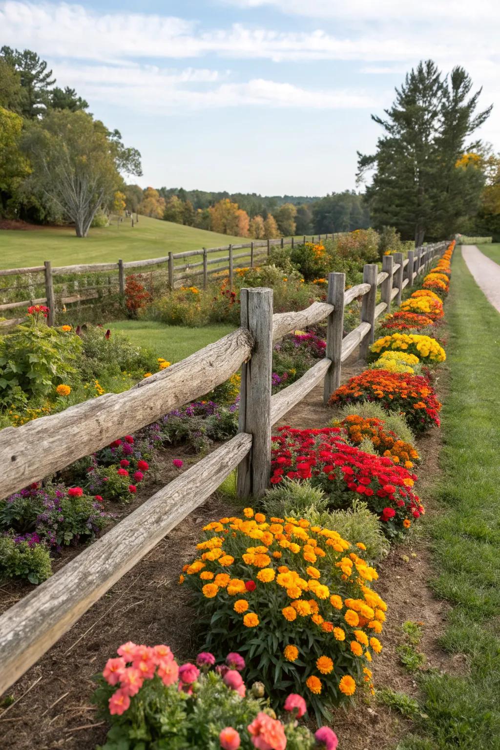 Seasonal flower beds adding dynamic color to a split rail fence.