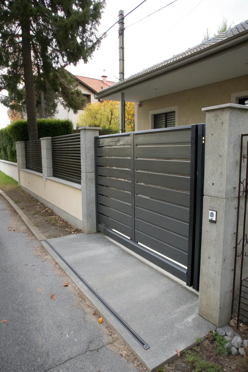 Sliding gate provides a modern, space-saving entrance.