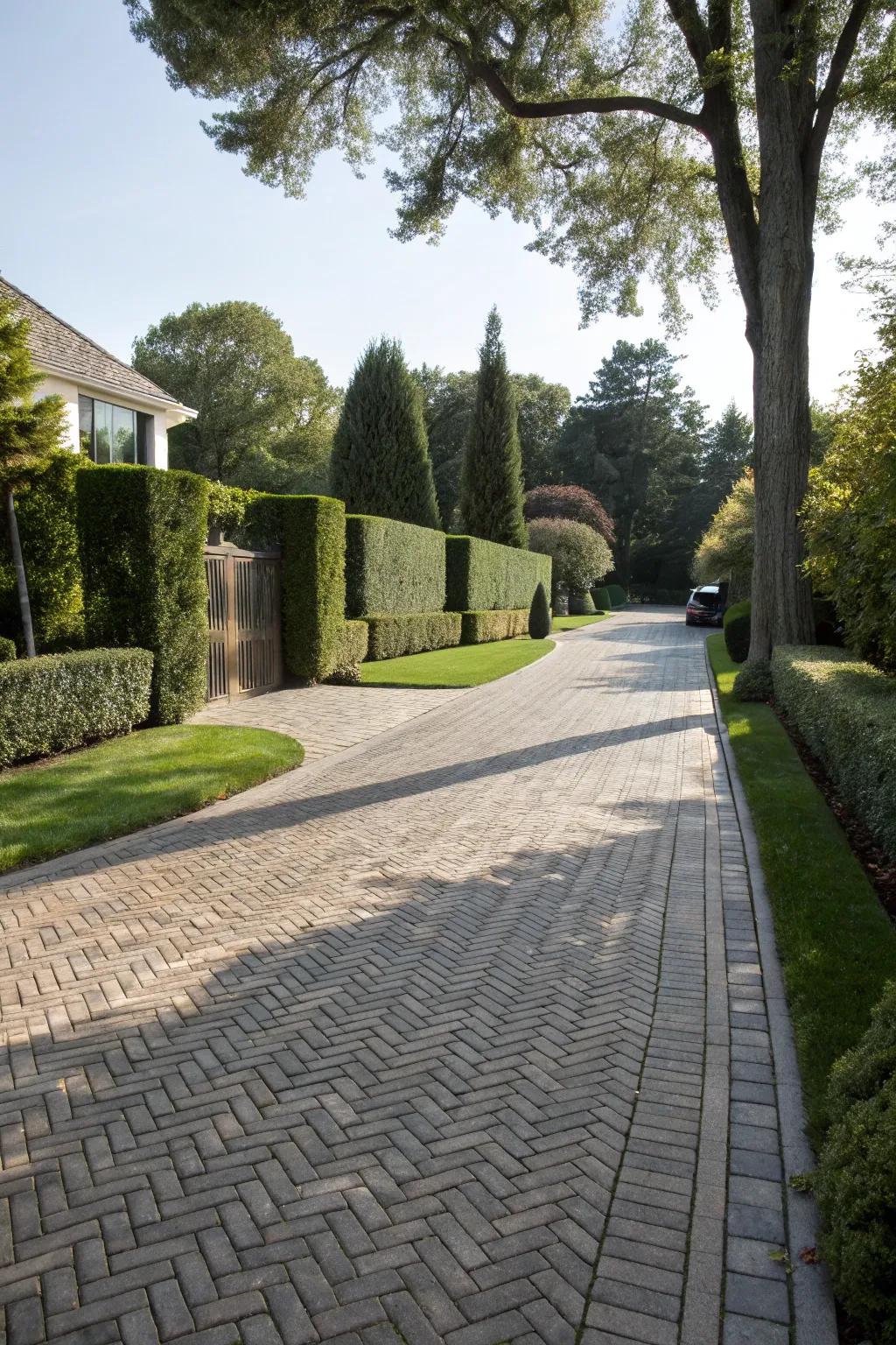 A driveway with a refined herringbone pattern.