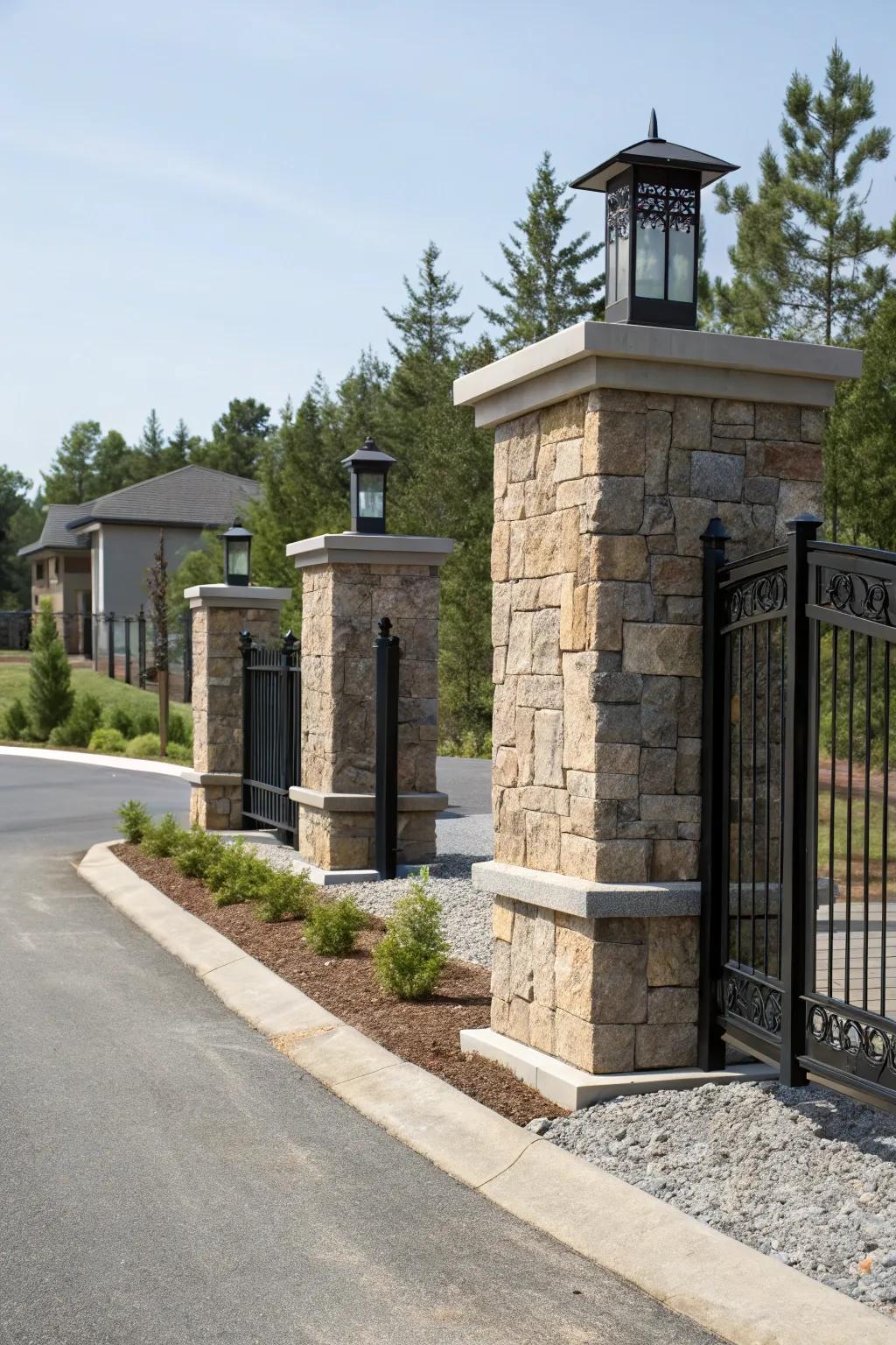 Mixed materials offer a fresh and dynamic look to driveway pillars.
