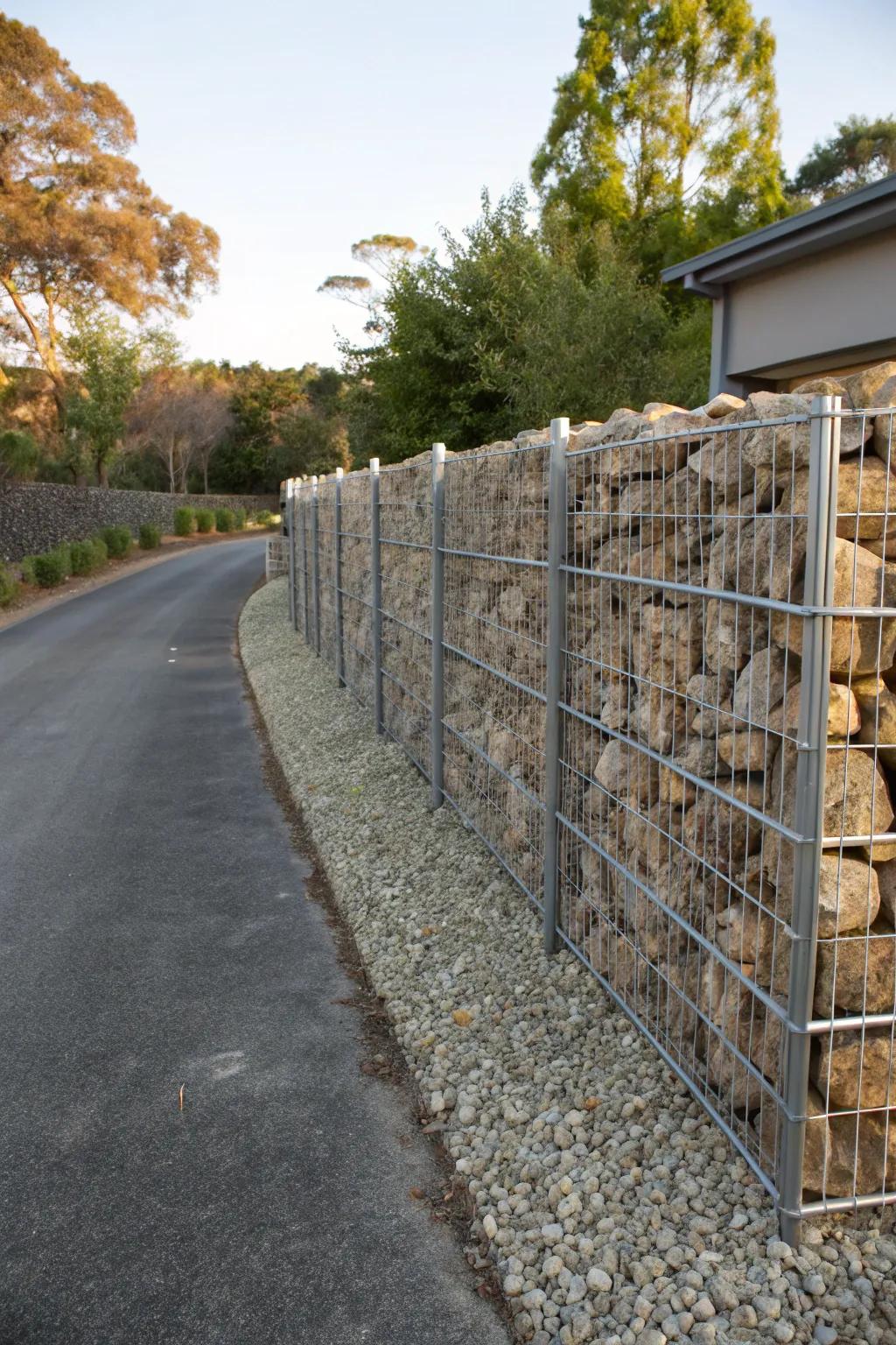 Add industrial charm with gabion walls for privacy.