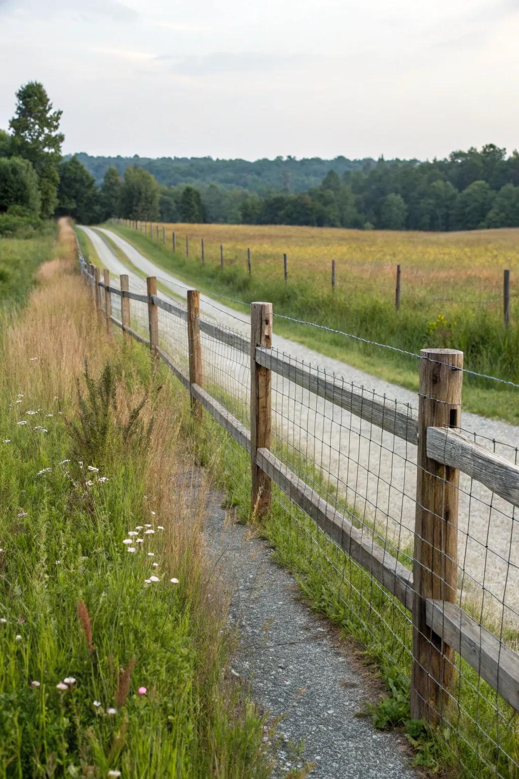 Wire mesh adds functionality to a charming split rail fence.