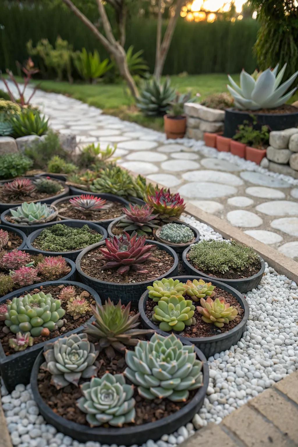 Succulent displays offer creative flair to any garden.