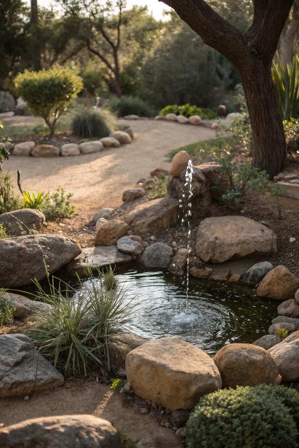 A peaceful water feature serving as the focal point in a dry garden.