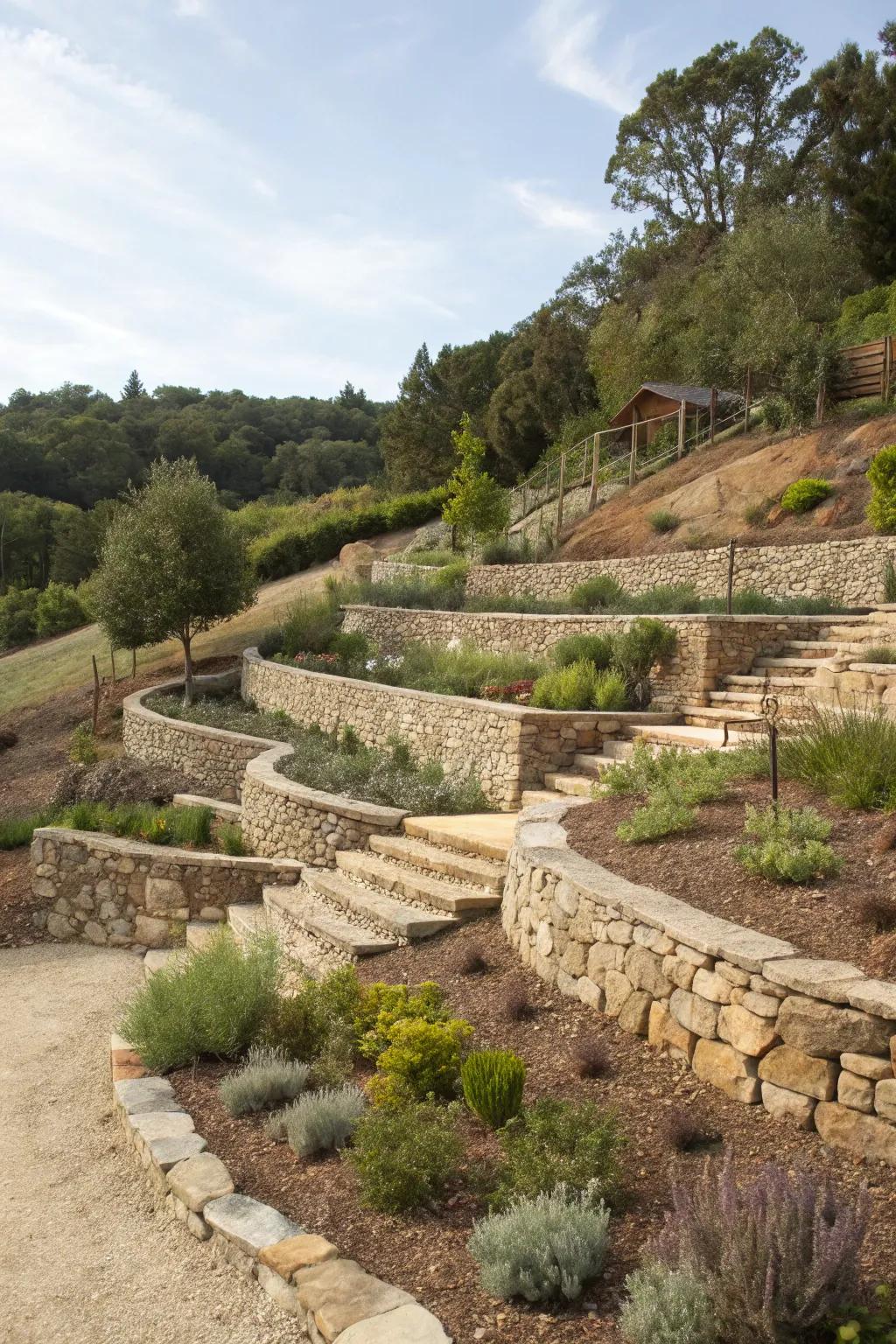 Terraced levels make the most of sloped landscapes, adding structure and variety.