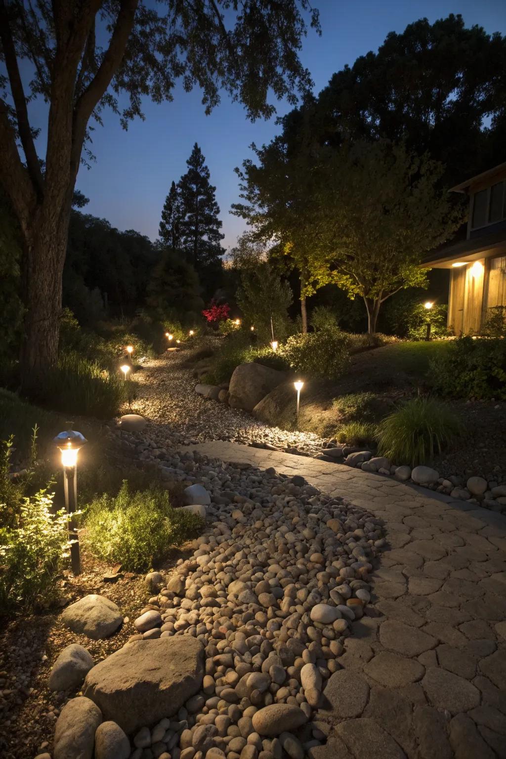Solar lights create a magical nighttime glow in a dry river bed.