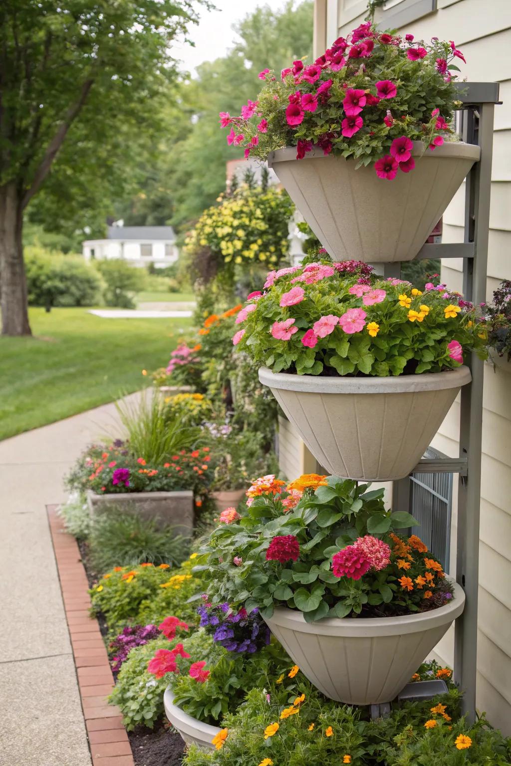 Multi-level planters maximize vertical space.