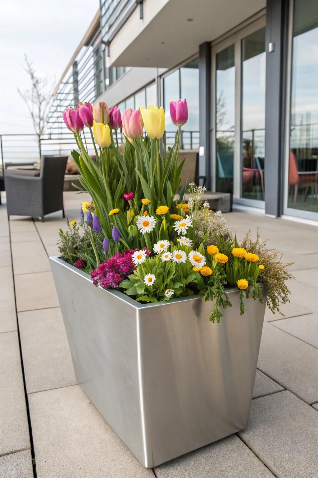 Modern metallic planter filled with bright blooms for a striking contrast.