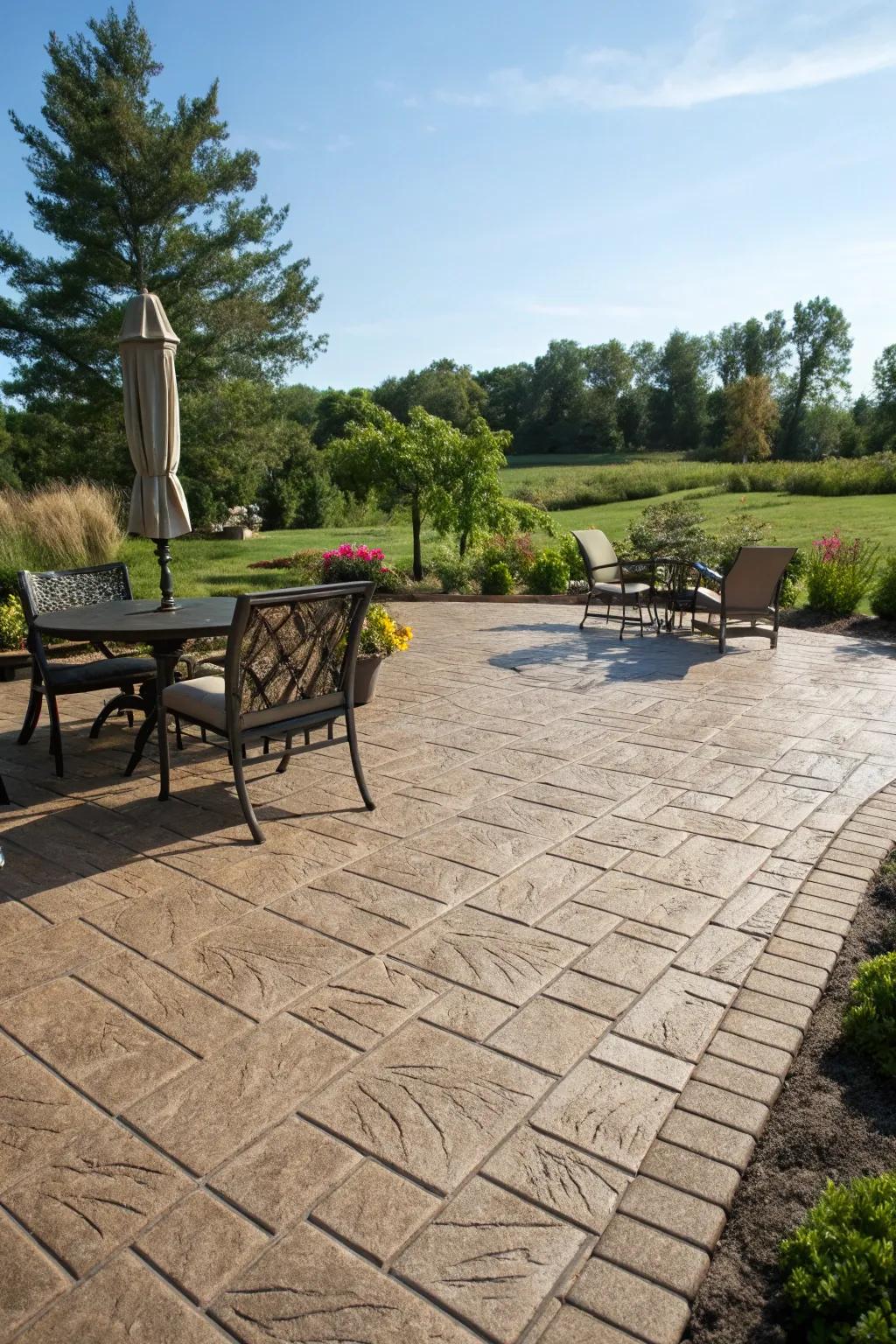 A warm patio area featuring mocha basket weave pattern stamped concrete.