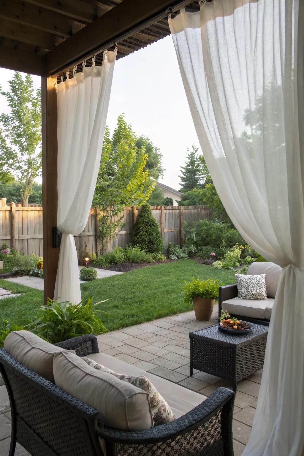 Curtains add privacy and elegance to patio spaces.