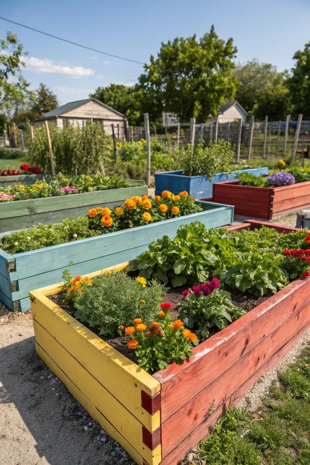 Painted beds add a pop of color and fun to the garden.