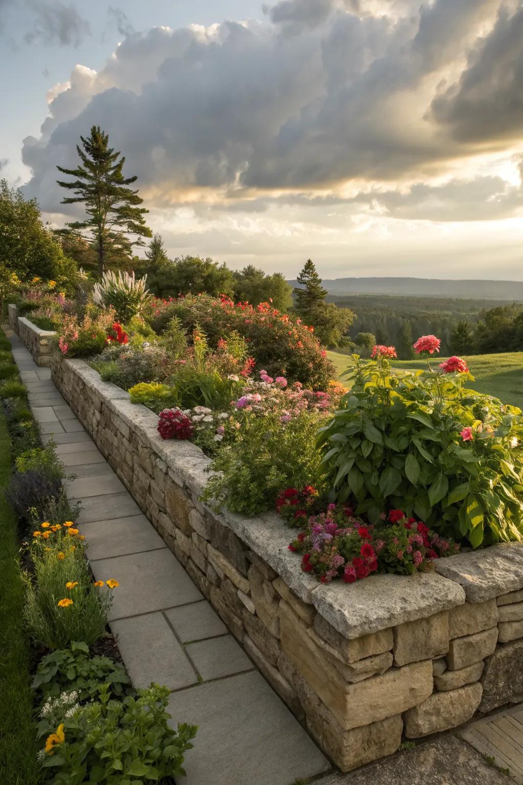 Elegant and natural stone wall raised beds.