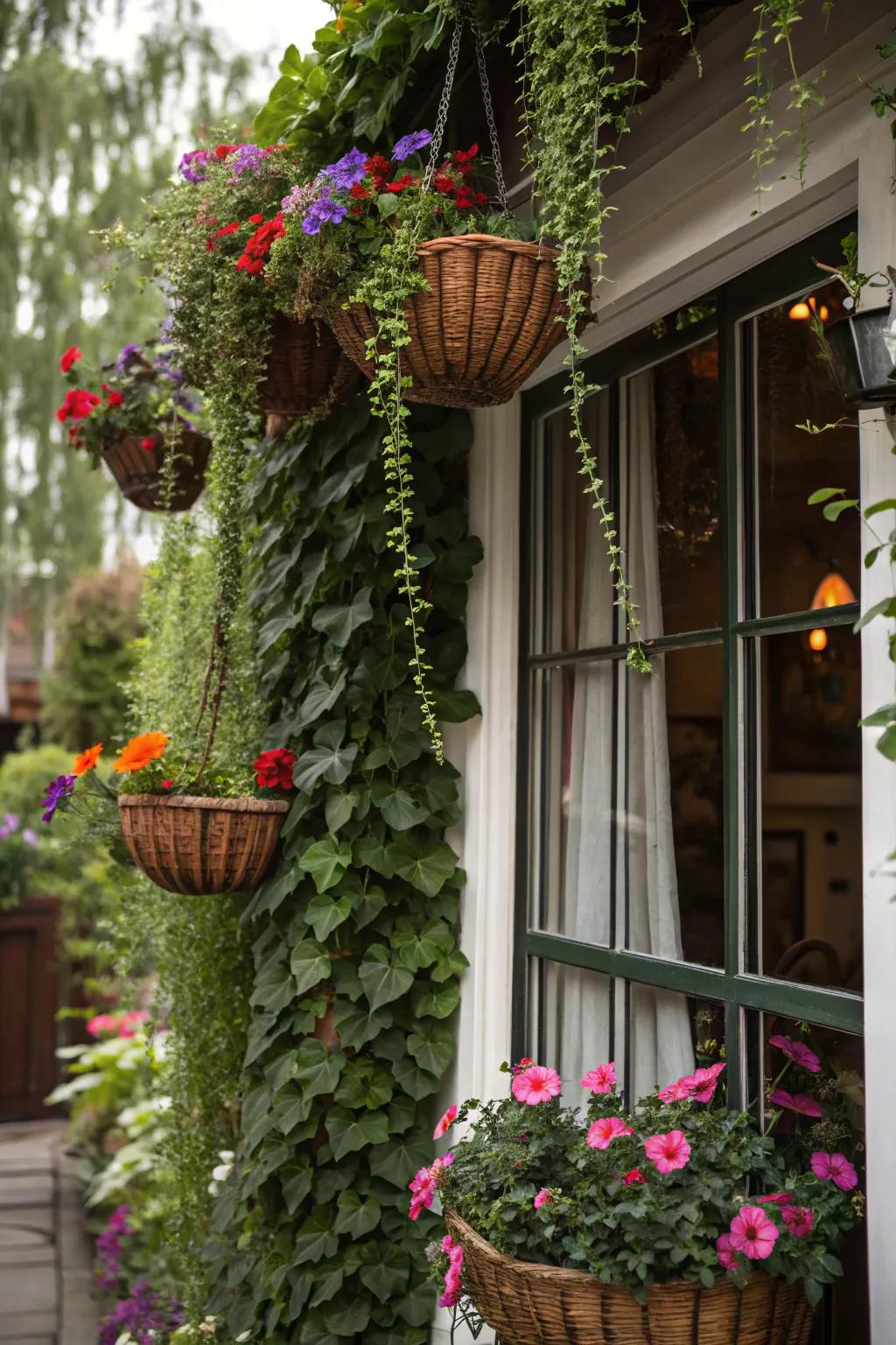Hanging plants add vertical interest and lush greenery.