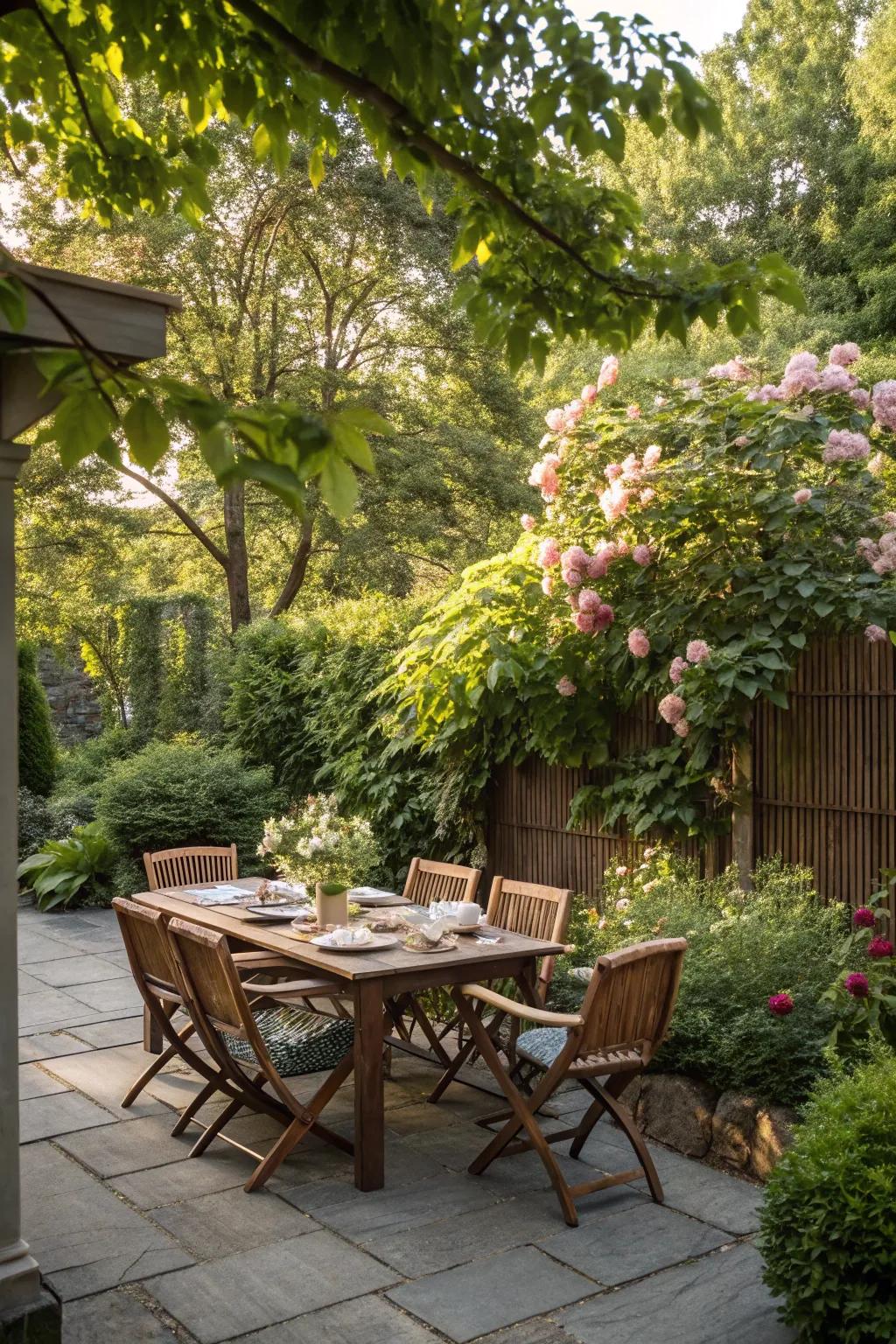 A greenery backdrop provides a refreshing and elegant setting.