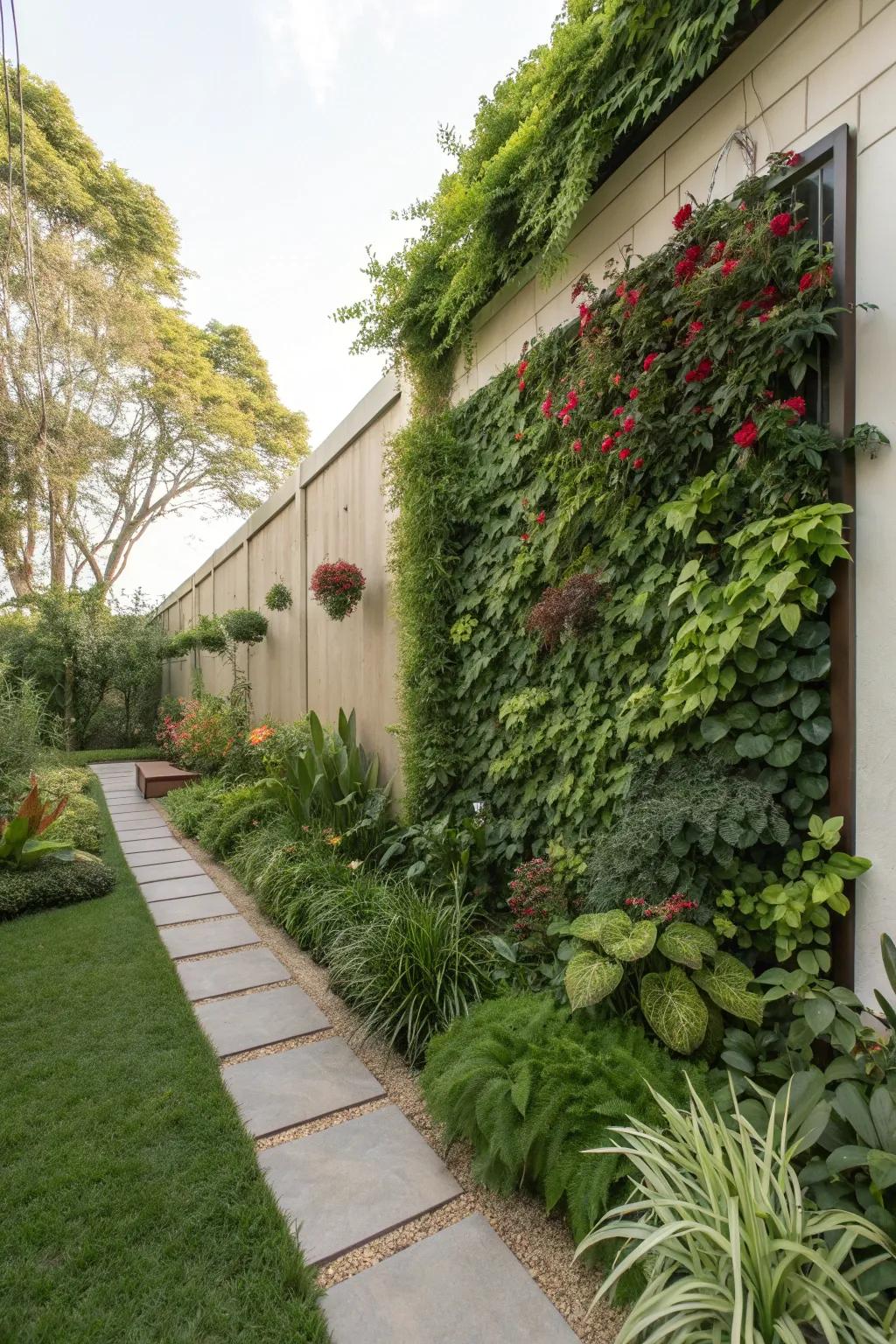 A lush vertical garden in the backyard, maximizing space and beauty.