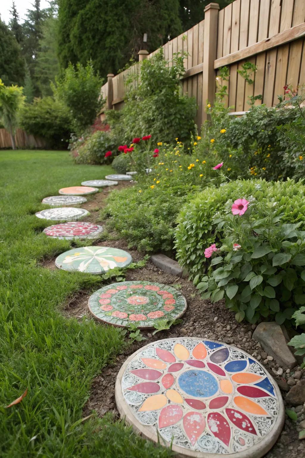 Step onto a path of colorful mosaic art.