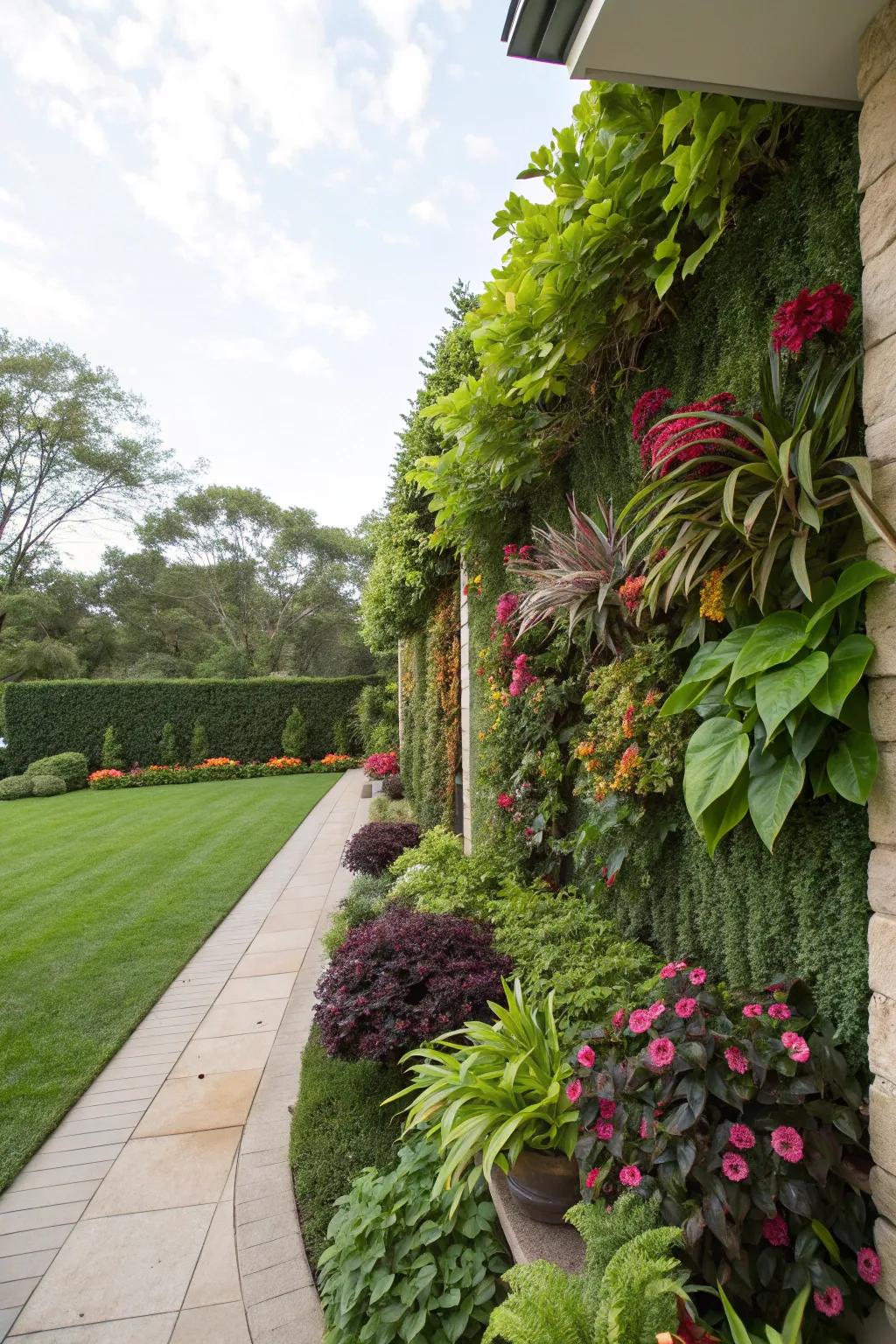 A living wall creates a lush vertical element in the garden.