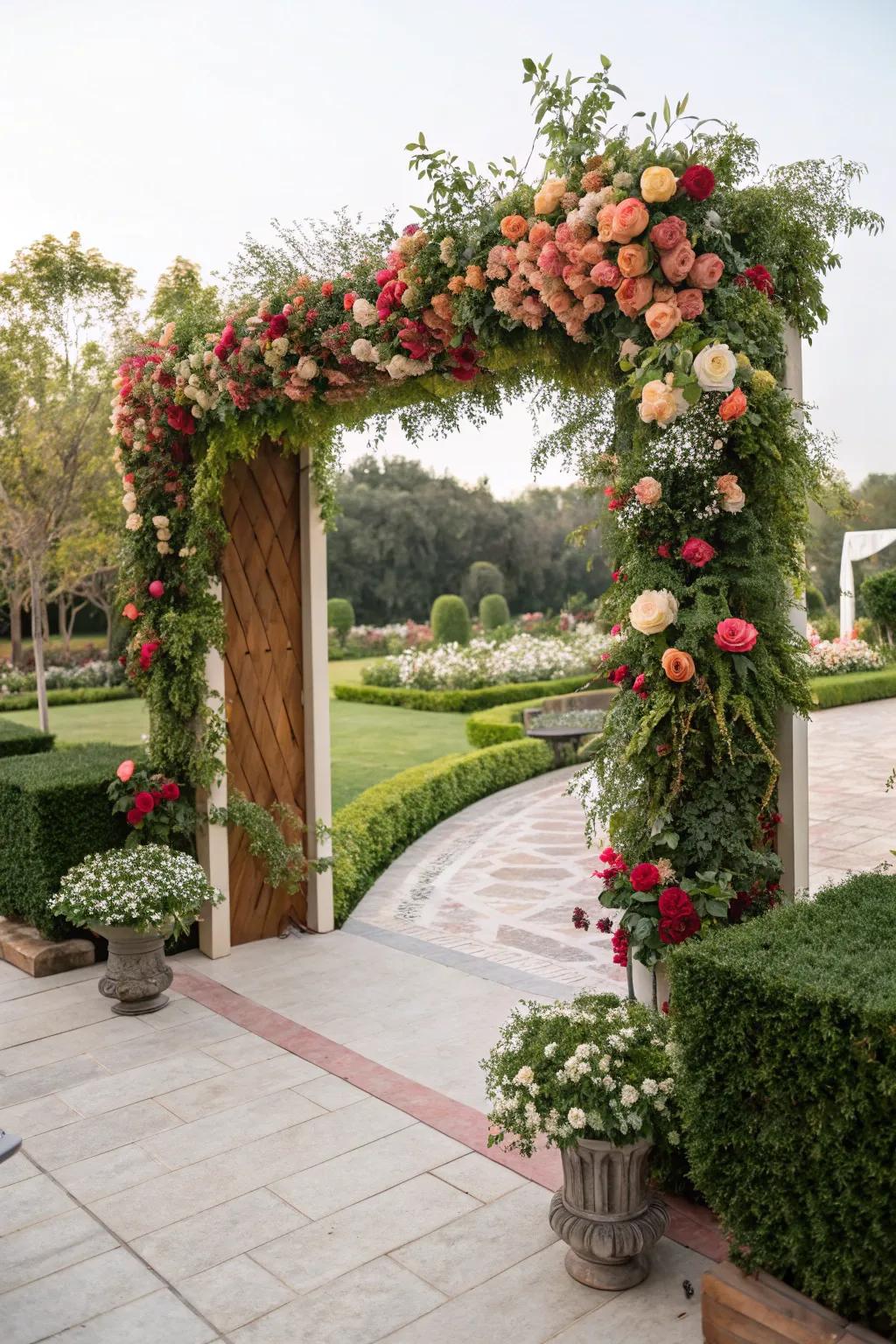A mystical garden arch welcomes guests into a magical world.
