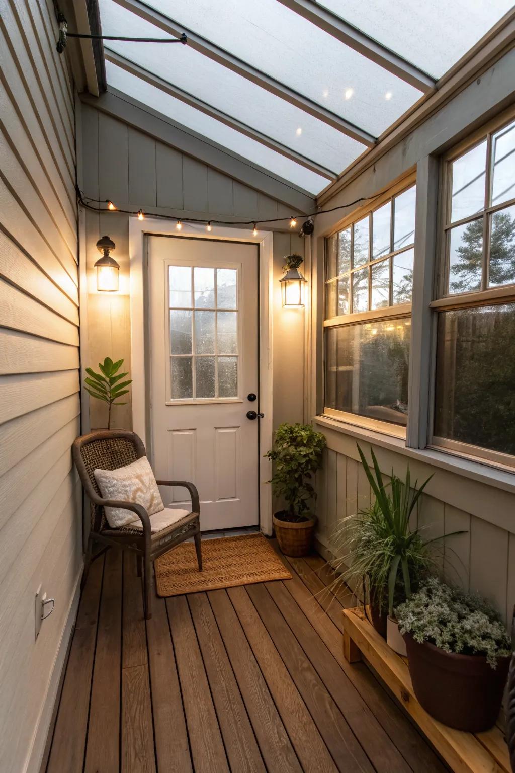 A small enclosed porch designed with weather-resistant materials for durability.