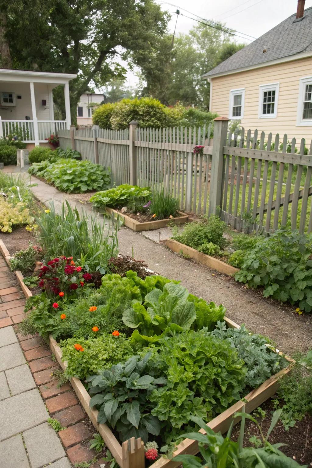 A hidden vegetable garden adds charm and utility.