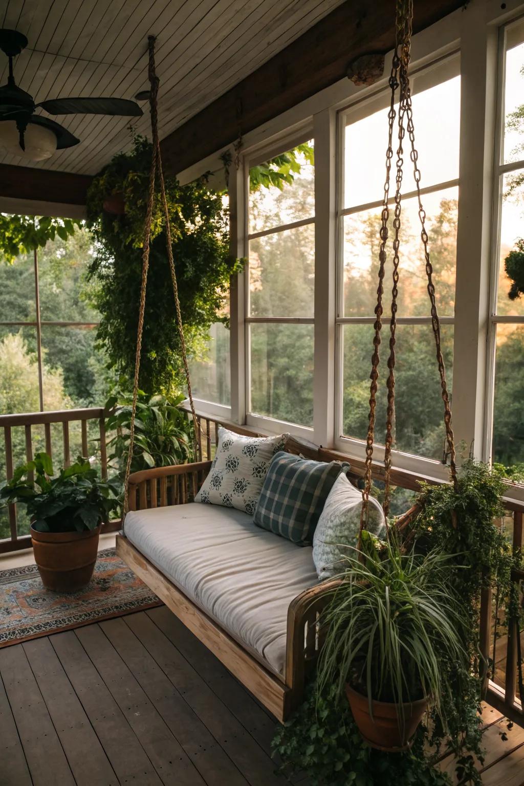 A porch swing adds playful relaxation.
