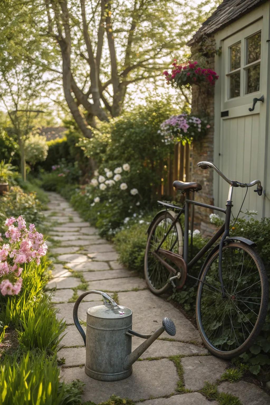 Nostalgic touches like vintage bicycles add personality to the garden.
